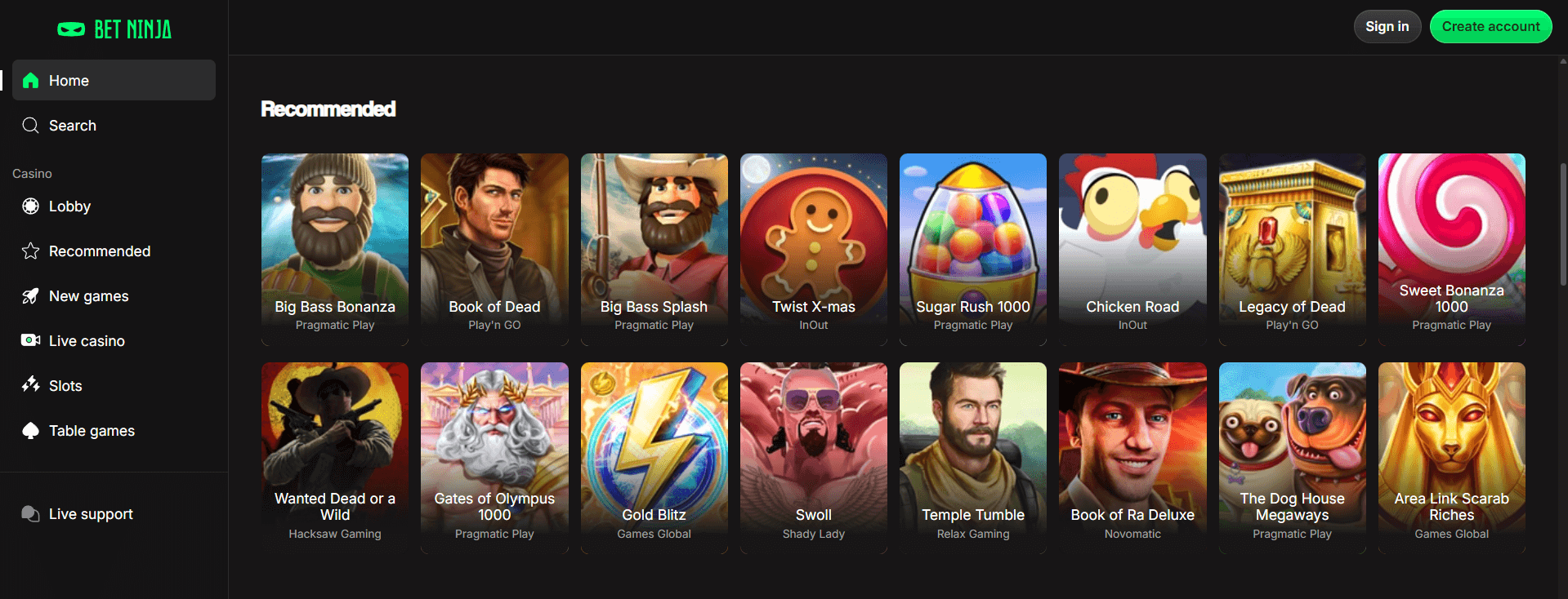 Betninja Casino homepage showing selection of recommended online pokies and site navigation