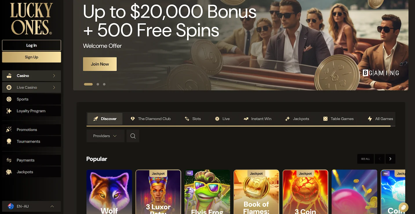 Lucky Ones casino homepage showing welcome bonus offer, popular online pokies and site navigation