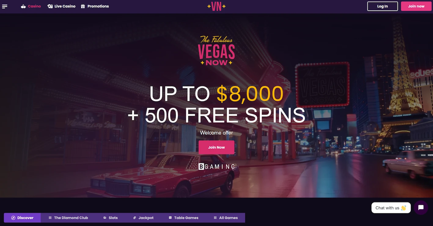 VegasNow casino homepage showing welcome offer and site navigation